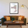 Living room with a framed map of New York on the wall above a sofa.