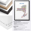 Framed map of New York with frame materials and specifications displayed.