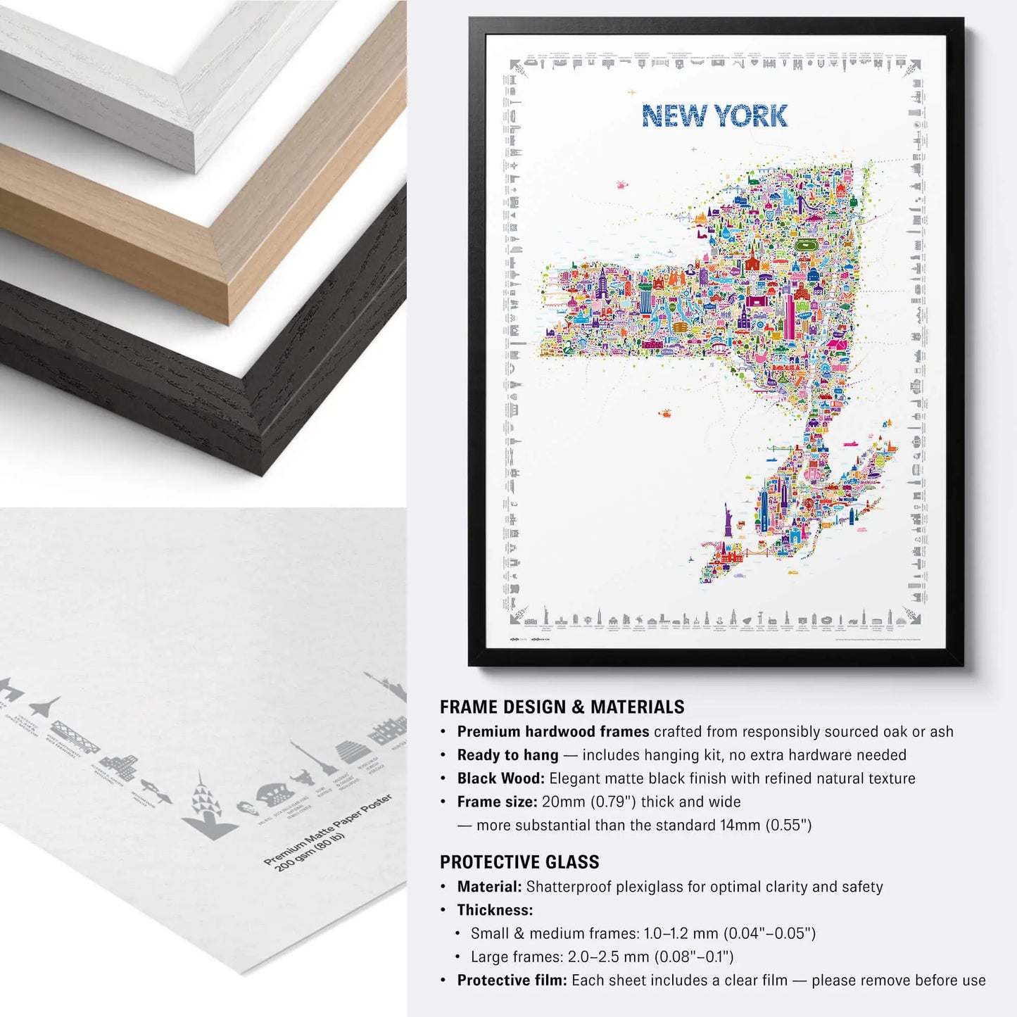 Framed map of New York with frame materials and specifications displayed.