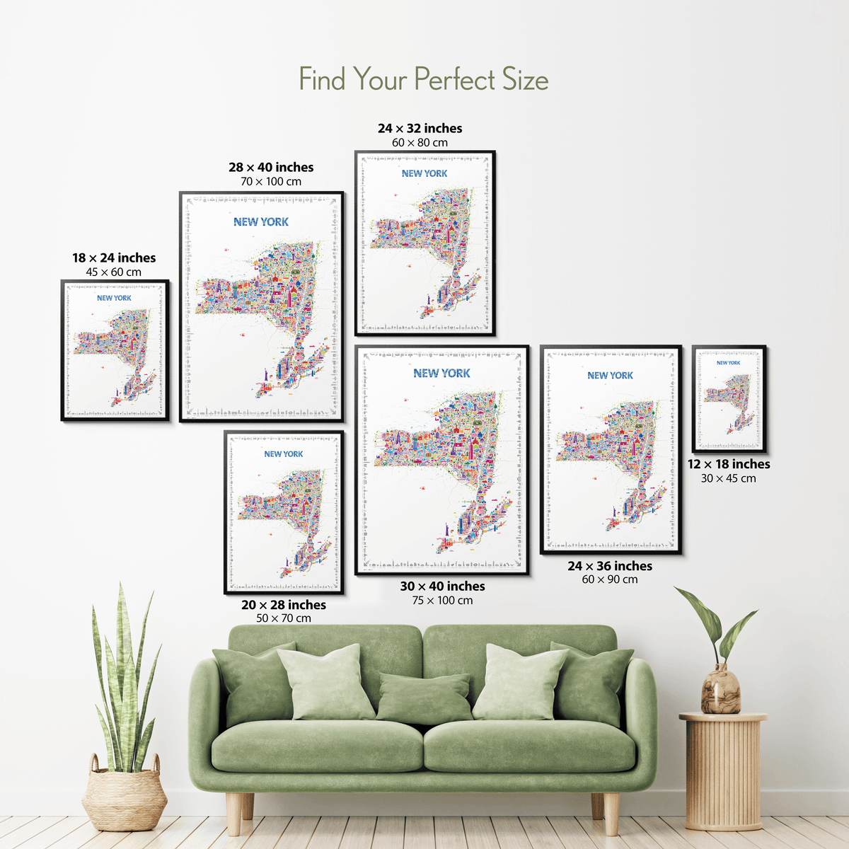 Colorful New York State illustrated map poster size guide showing seven framed print sizes from 12 x 18 to 30 x 40 inches above a green sofa.