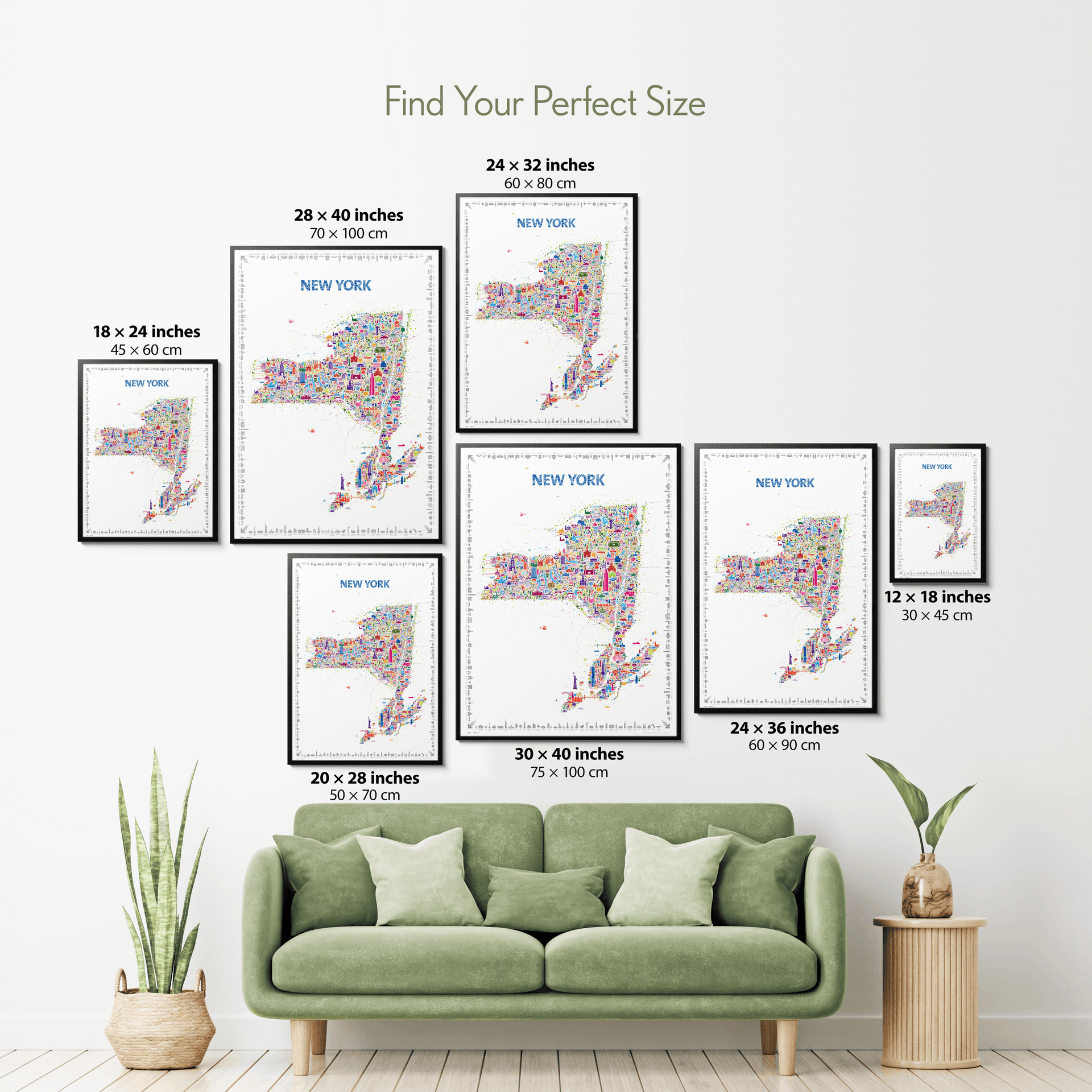 Colorful New York State illustrated map poster size guide showing seven framed print sizes from 12 x 18 to 30 x 40 inches above a green sofa.