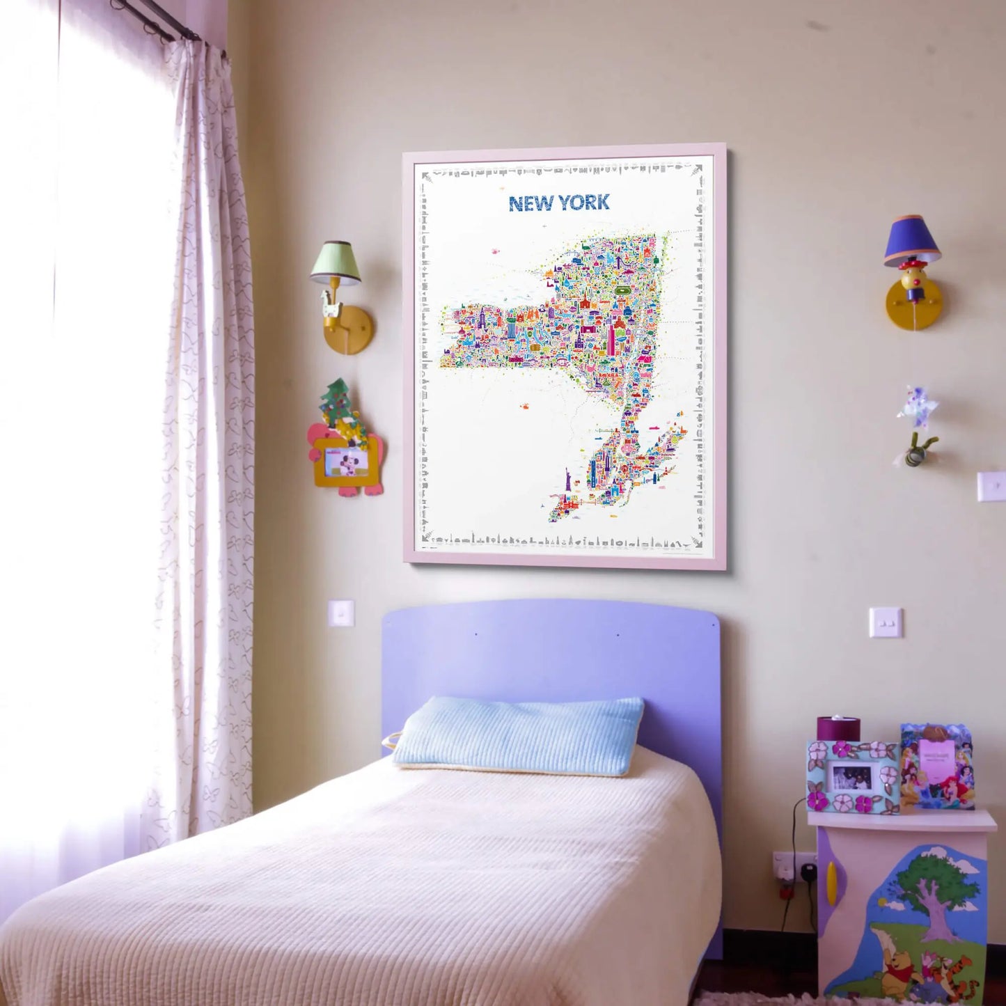 Children's bedroom with a map of New York on the wall above a bed.