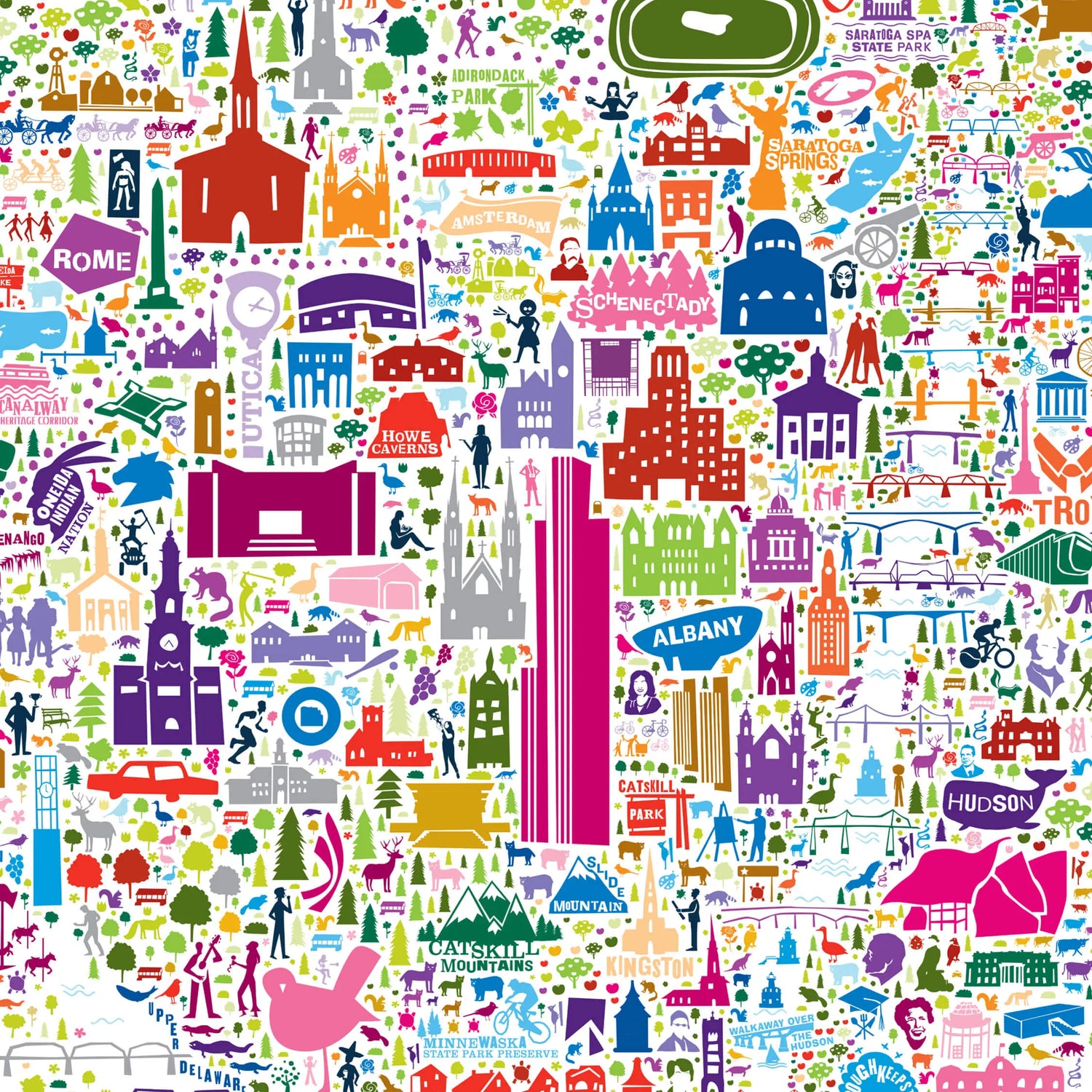 Colorful pattern of various icons and symbols on a white background