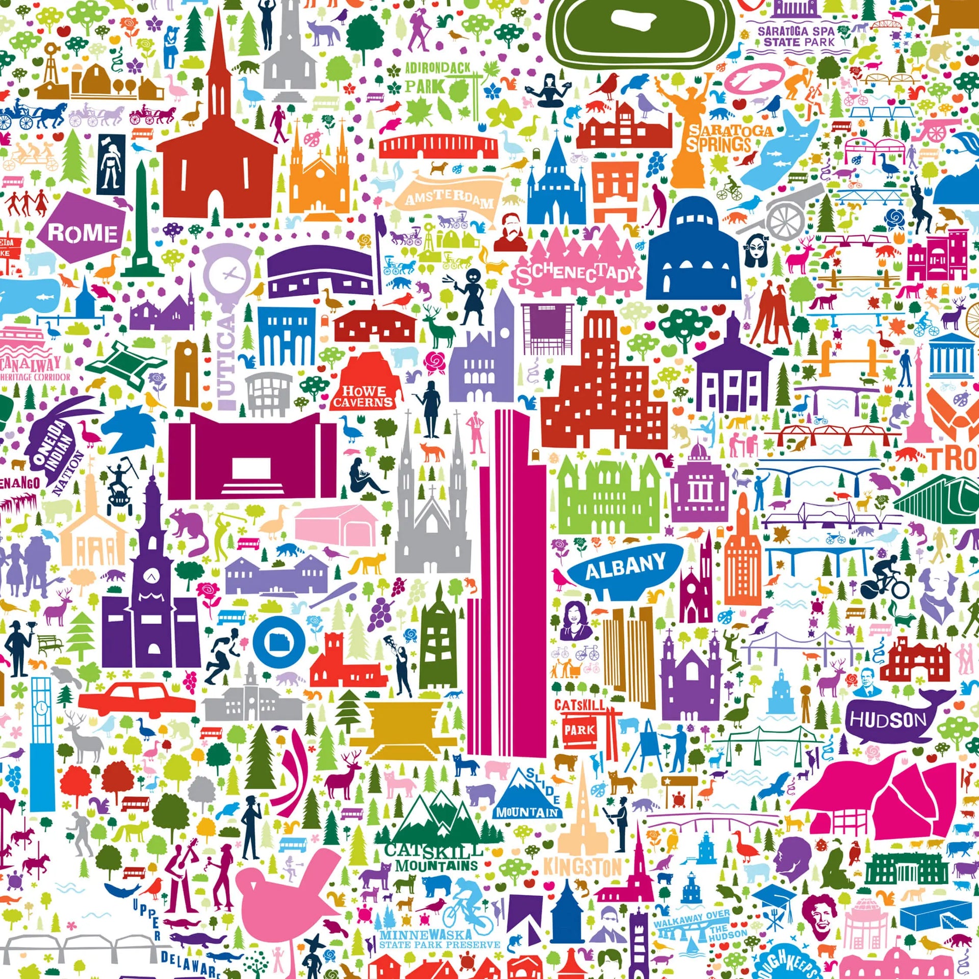 Colorful pattern of various icons and symbols on a white background