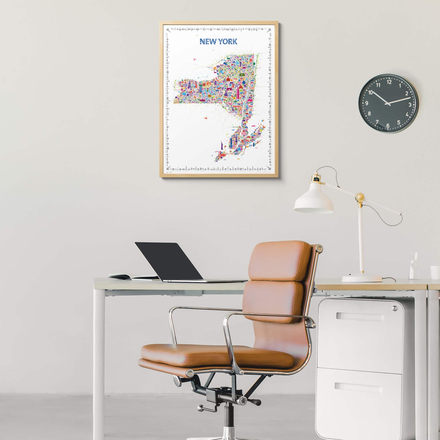 Modern office setup with a desk, chair, and decorative map of New York on the wall.