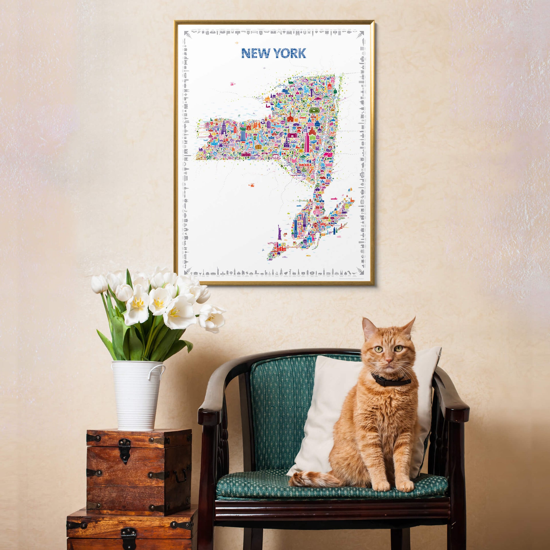 Cat sitting on a chair with a colorful New York map poster on the wall.