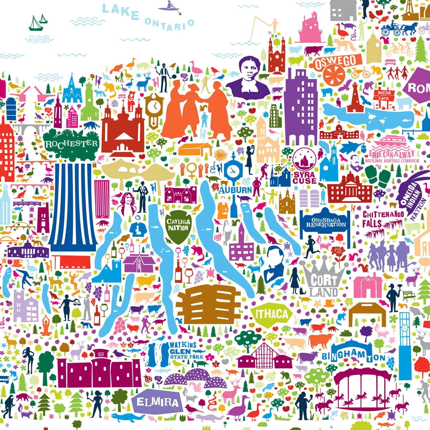 Map of New York state filled with colorful icons representing various locations and landmarks.