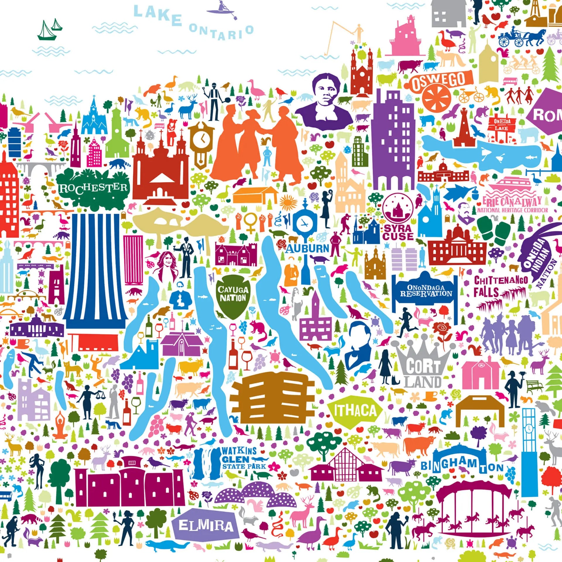 Map of New York state filled with colorful icons representing various locations and landmarks.