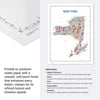 Colorful map of New York on a white background with text about paper specifications.