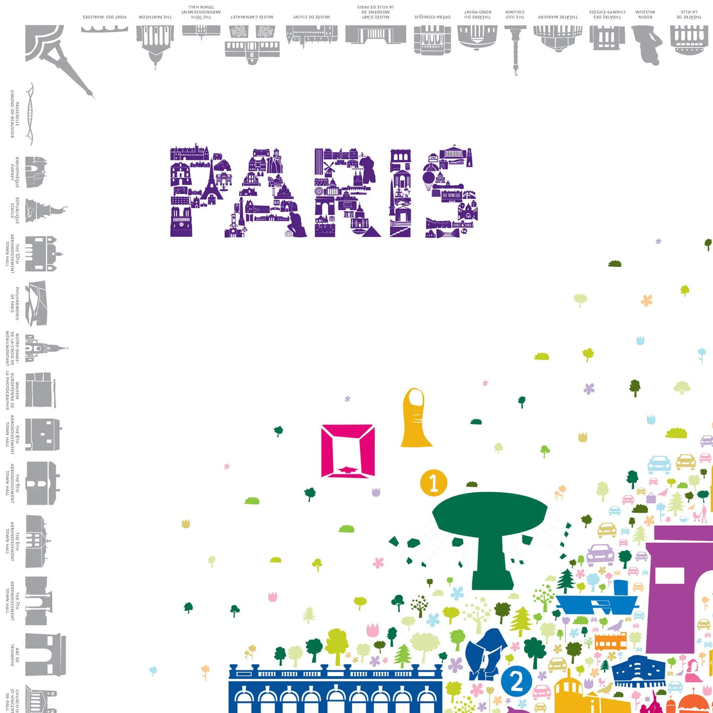 Iconic Paris colorful illustrated map poster featuring hundreds of landmarks including Eiffel Tower, Arc de Triomphe and Louvre in vibrant colors