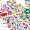 Colorful map of New York City with various landmarks and icons.