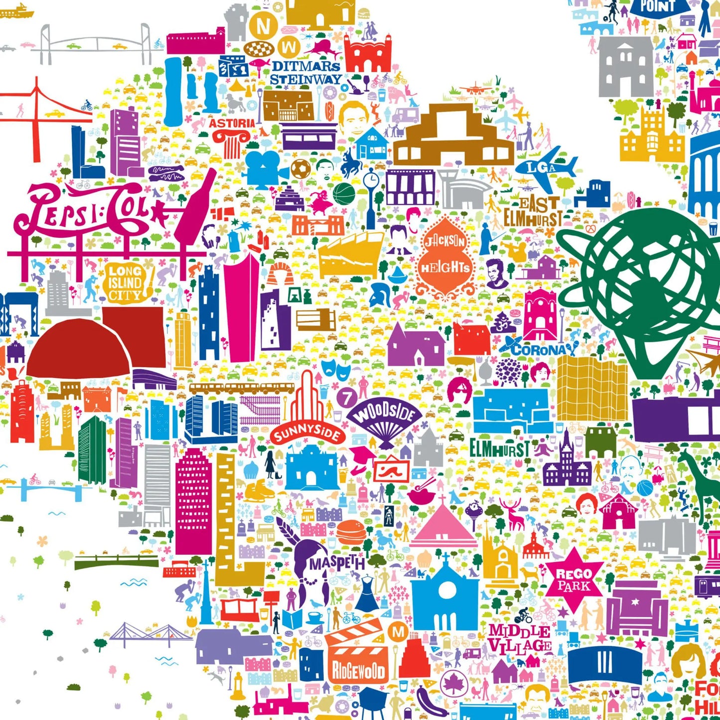 Colorful map of New York City with various landmarks and icons.