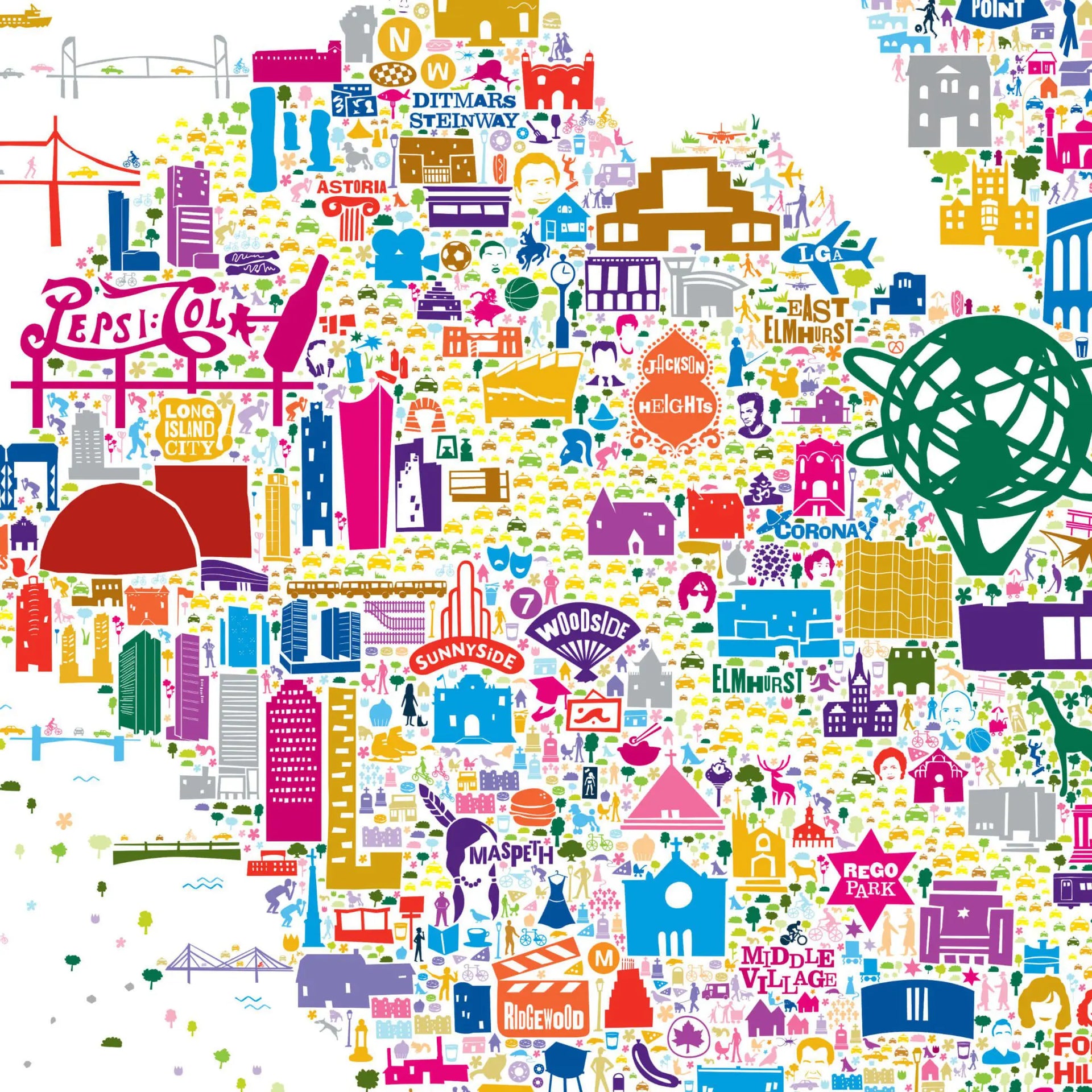 Colorful map of New York City with various landmarks and icons.
