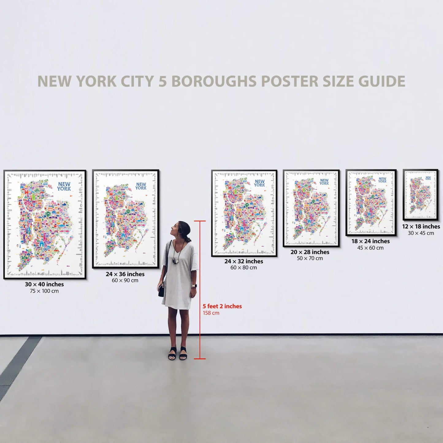 Alfalfa New York City 5 Boroughs poster size guide showing six framed poster sizes from 12×18 inches to 30×40 inches, displayed on a wall beside a woman for scale.