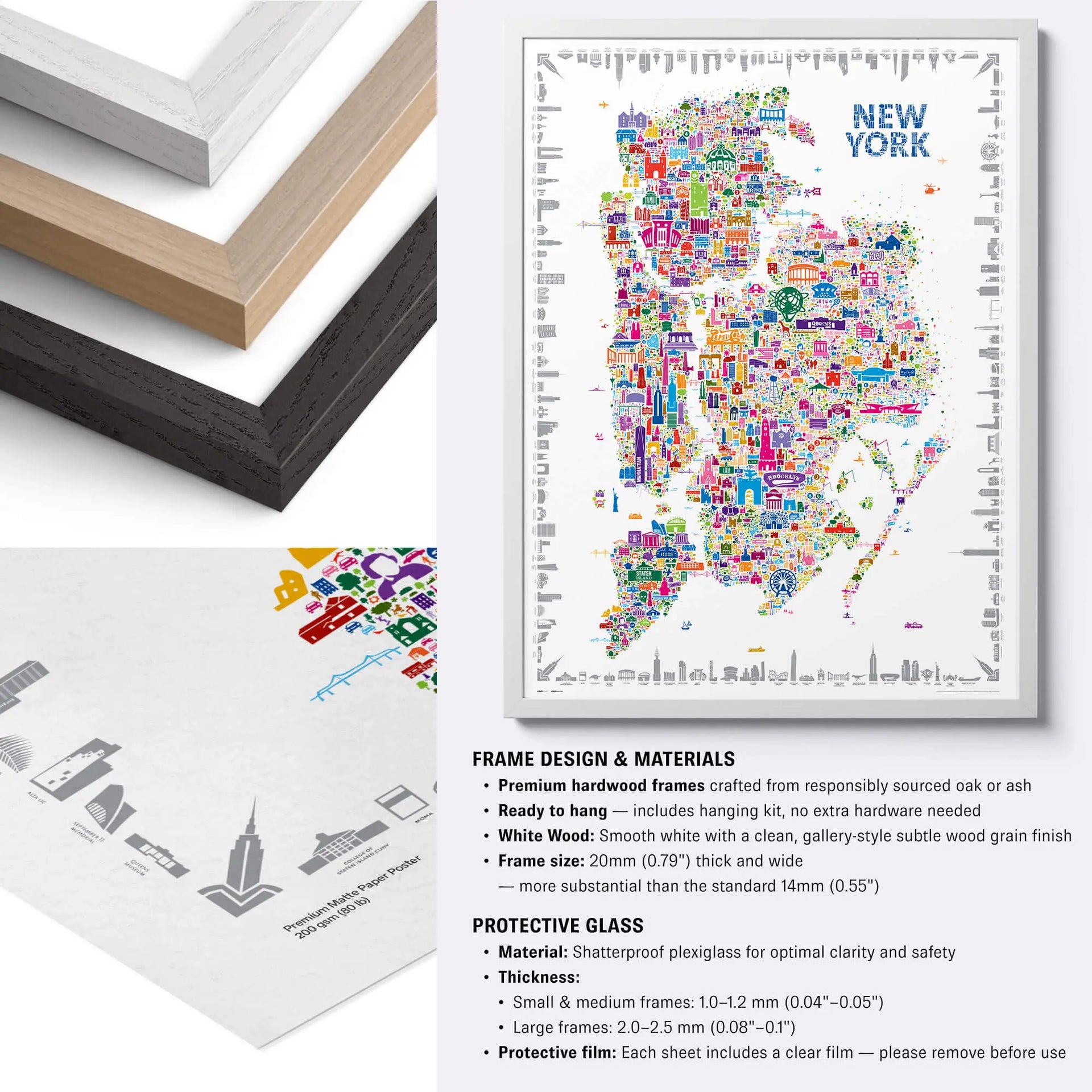 Framed colorful map of New York with frame design and materials information.