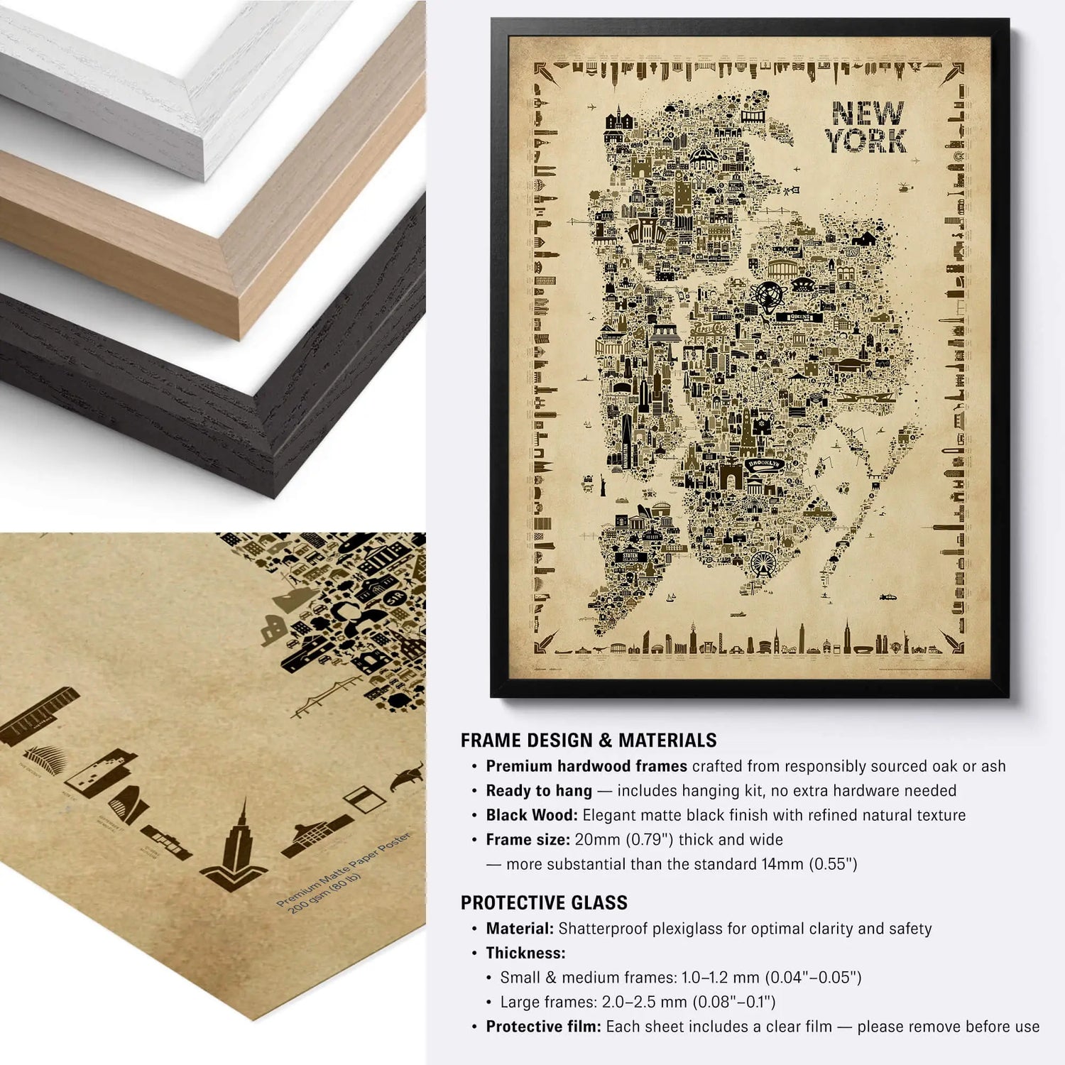 Framed map of New York with frame design and materials information.