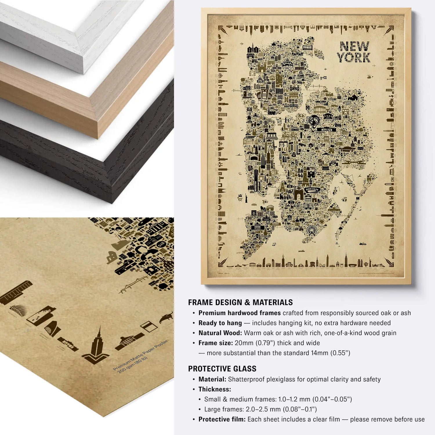 Framed map of New York with frame materials and specifications displayed.