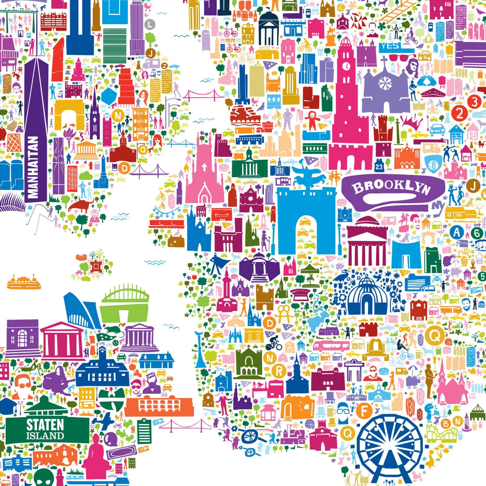 Map of Brooklyn made up of colorful icons and symbols on a white background