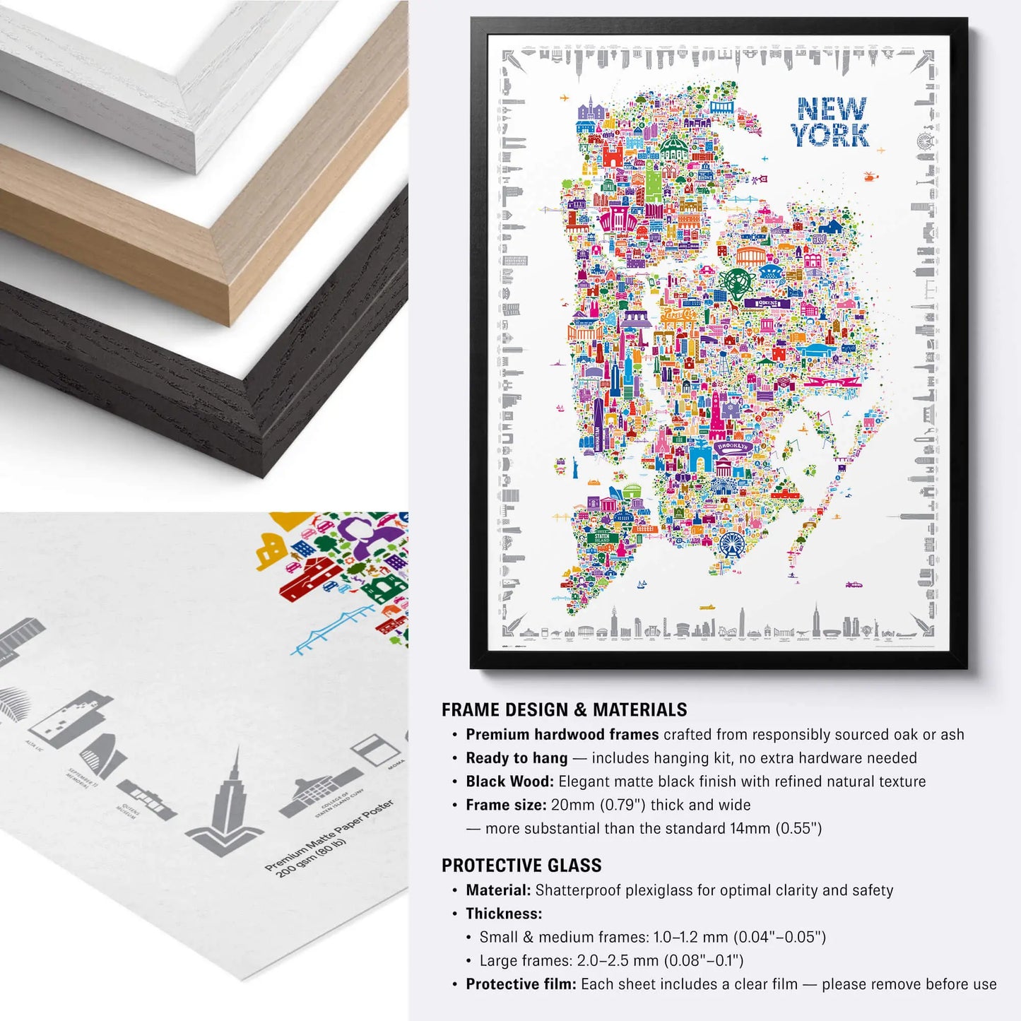 Framed colorful map of New York with frame design and materials information.