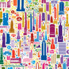 Colorful pattern of cityscape elements on a white background