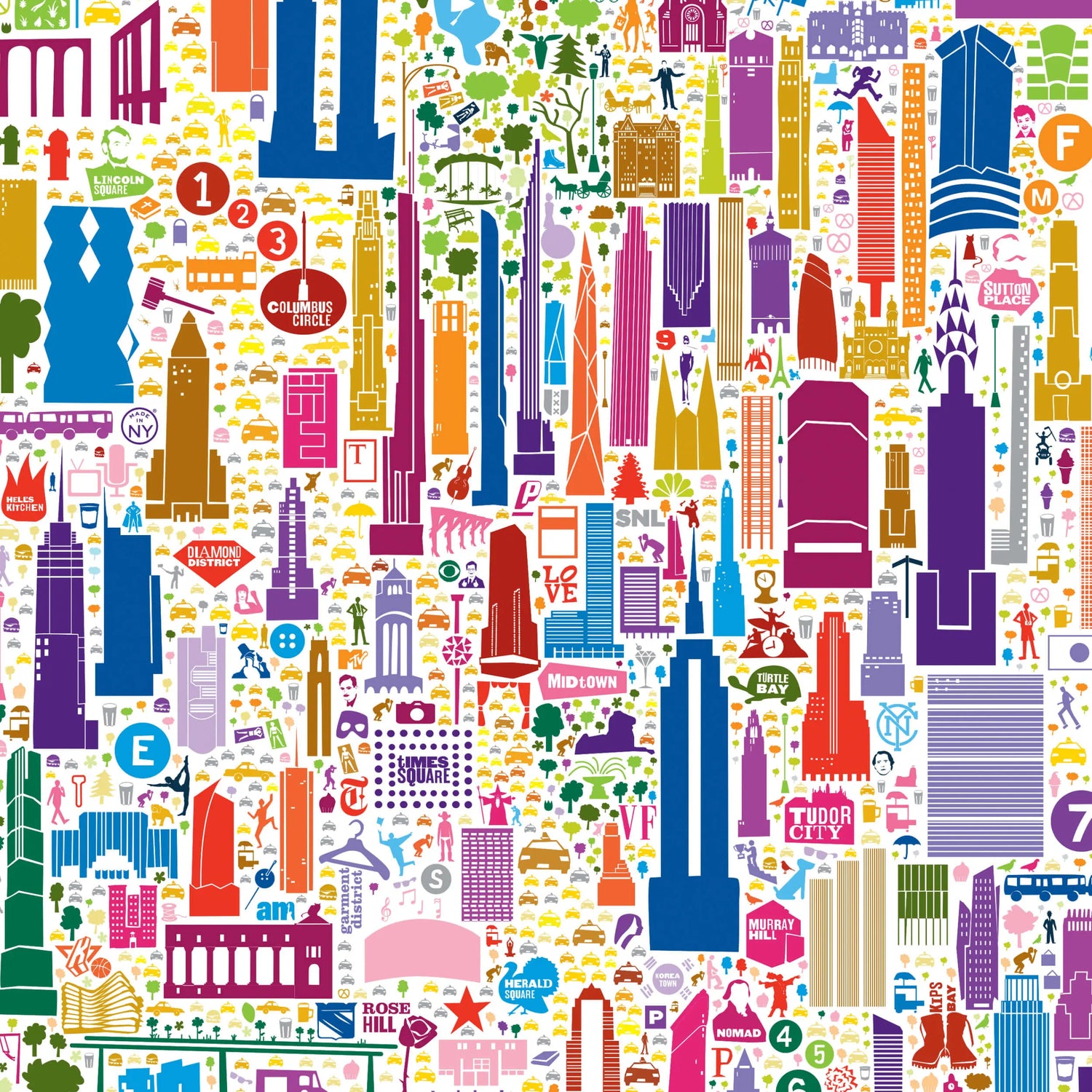 Colorful pattern of cityscape elements on a white background
