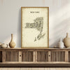 NYS Antique Map Poster in a natural wood frame displayed on a wooden credenza with neutral ceramic vases, a vintage New York State artwork for warm, aesthetic home décor.