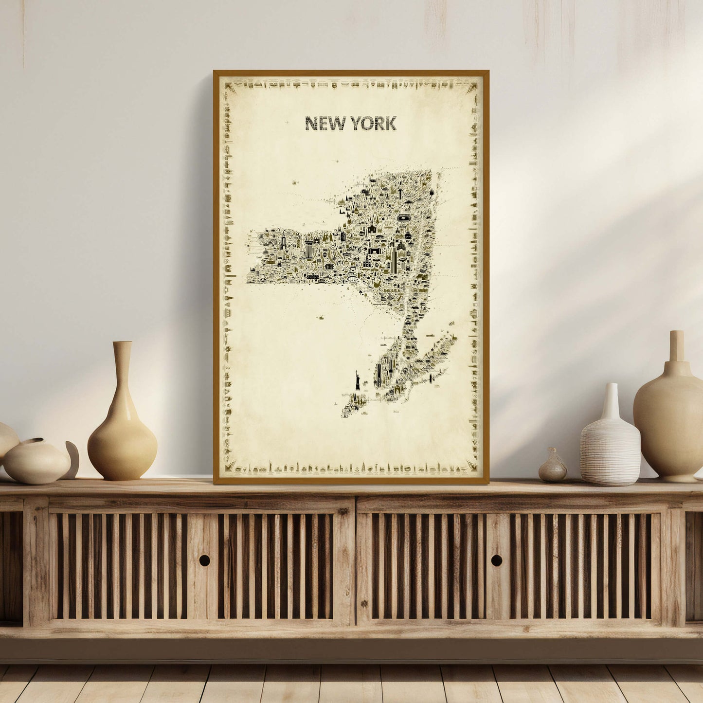 NYS Antique Map Poster in a natural wood frame displayed on a wooden credenza with neutral ceramic vases, a vintage New York State artwork for warm, aesthetic home décor.