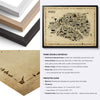 Paris Antique illustrated map poster with natural, black and white hardwood frame options and close-up vintage print details.