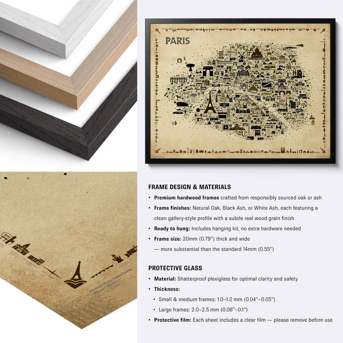 Paris Antique illustrated map poster with natural, black and white hardwood frame options and close-up vintage print details.