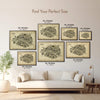 Paris Antique illustrated map poster size guide showing seven framed artwork sizes in a neutral living room.