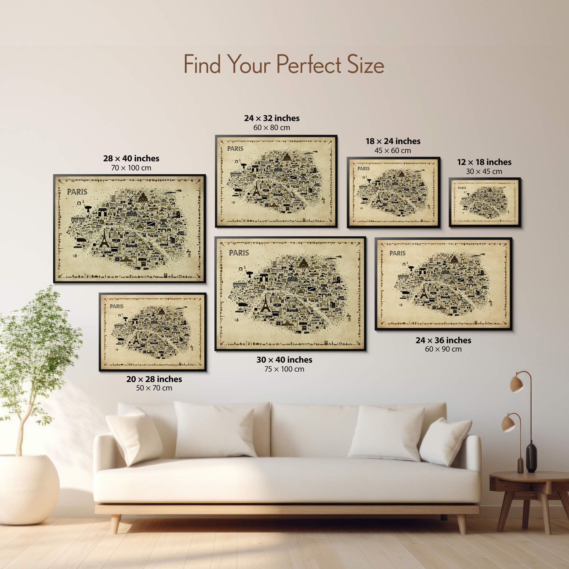 Paris Antique illustrated map poster size guide showing seven framed artwork sizes in a neutral living room.