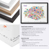 Colorful Paris illustrated map poster with black, natural and white wood frame options plus close-up paper and framing details.