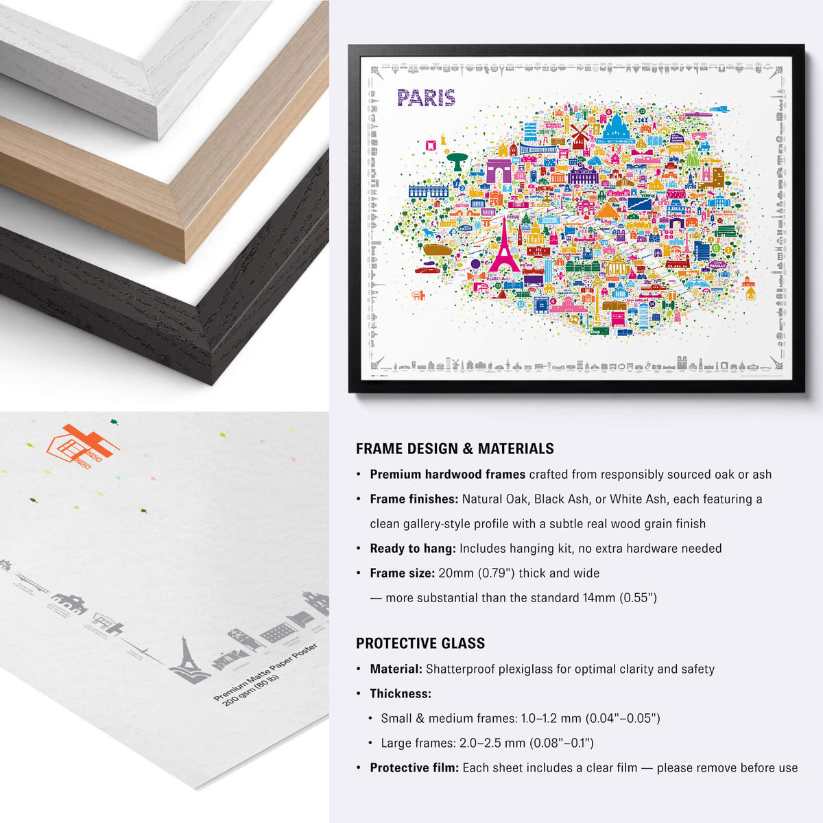 Colorful Paris illustrated map poster with black, natural and white wood frame options plus close-up paper and framing details.
