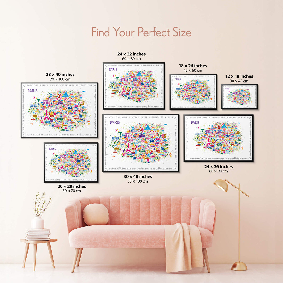 Colorful Paris illustrated map poster size guide displaying seven framed artwork sizes above a blush pink sofa.