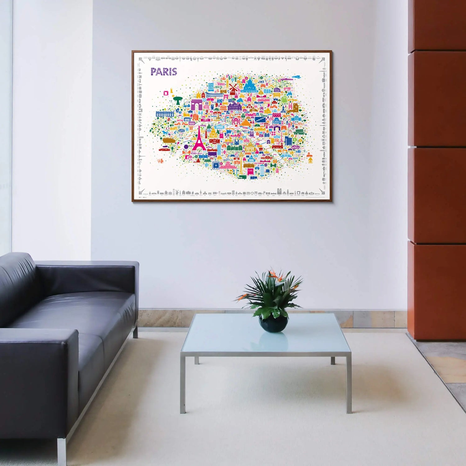 Colorful map of Paris on a wall in a modern living room.