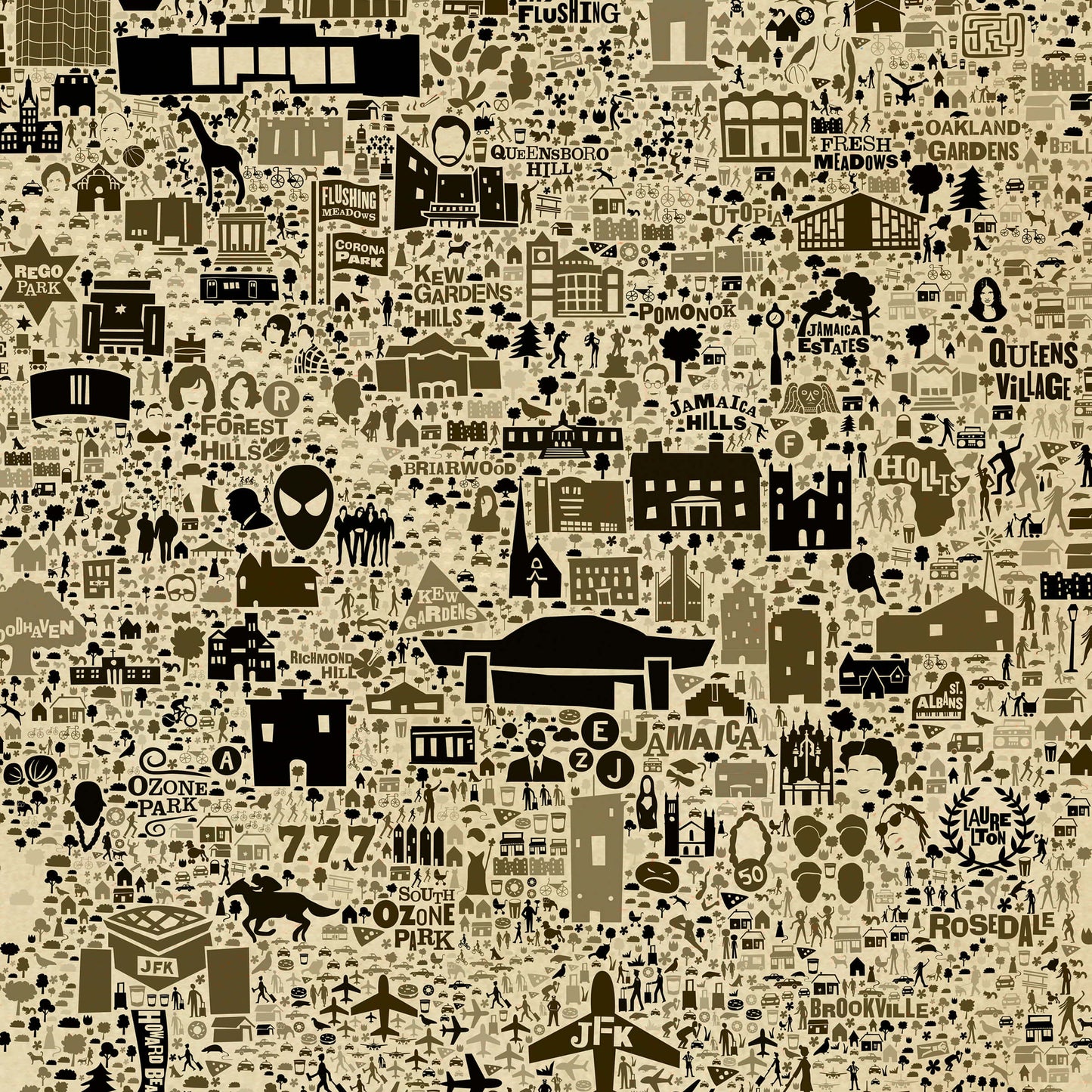 Close-up of the Iconic Queens Poster – Antique Edition showing JFK, Flushing Meadows, Jamaica, Forest Hills, and Corona Park. A vintage-style NYC borough map with intricate illustrated icons.