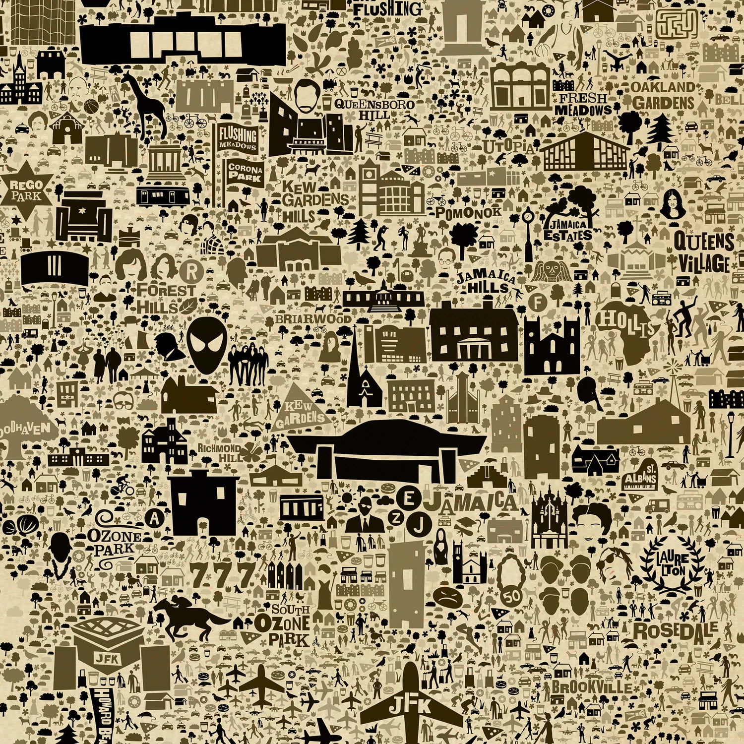 Close-up of the Iconic Queens Poster – Antique Edition showing JFK, Flushing Meadows, Jamaica, Forest Hills, and Corona Park. A vintage-style NYC borough map with intricate illustrated icons.