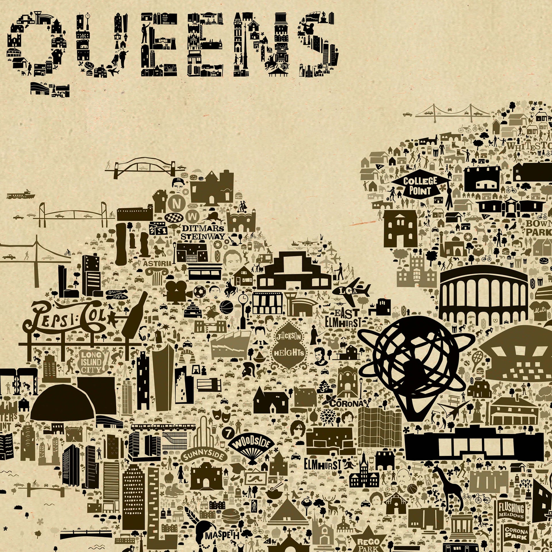 Detail of northwest Queens on the Iconic Antique Edition Poster featuring the Unisphere, Pepsi-Cola sign, Astoria, Jackson Heights, and bridges to Manhattan. A nostalgic illustrated map of New York.