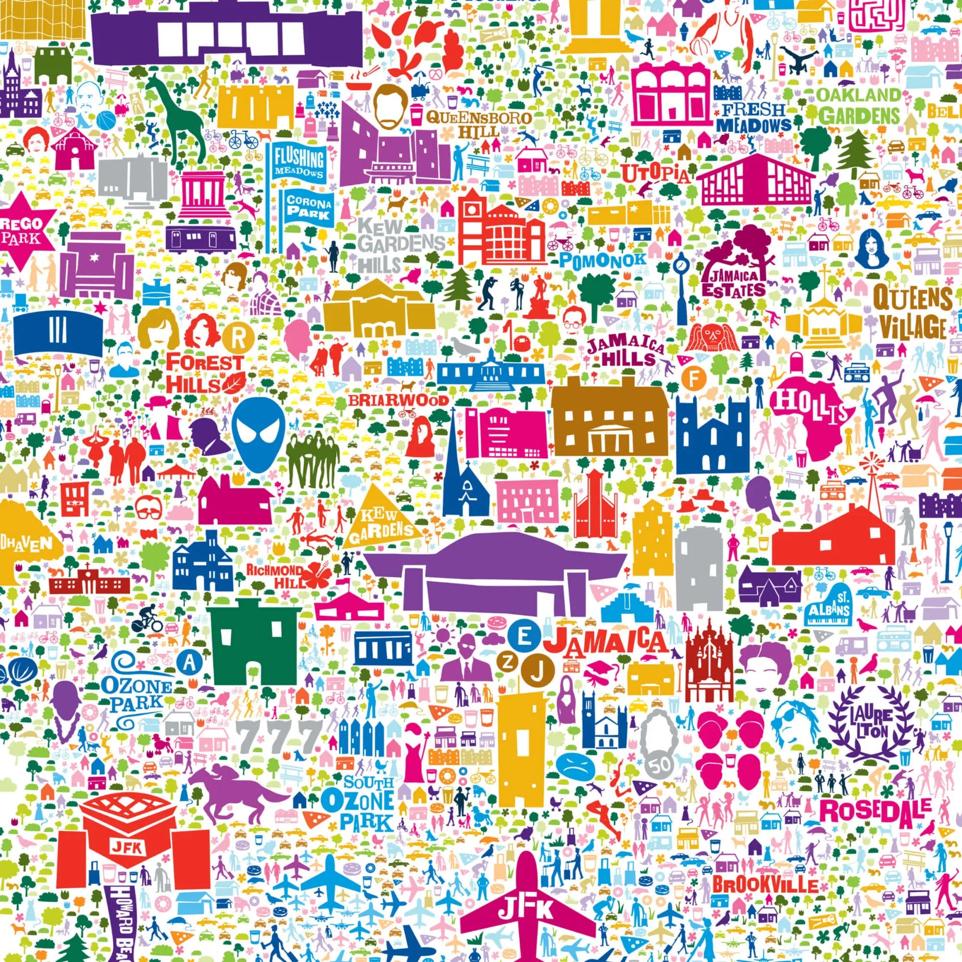 Colorful pattern of various icons and text on a white background