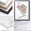 Colorful Queens New York illustrated map poster in a black frame with natural oak, black ash and white ash frame choices, premium 200 gsm matte paper detail, and protective plexiglass specifications.