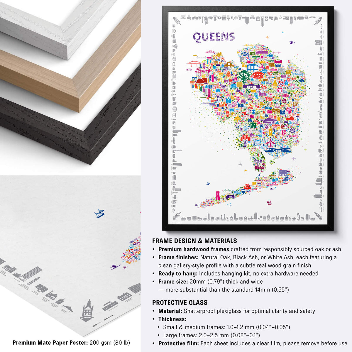 Colorful Queens New York illustrated map poster in a black frame with natural oak, black ash and white ash frame choices, premium 200 gsm matte paper detail, and protective plexiglass specifications.