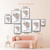 Colorful Queens New York illustrated map poster size guide showing seven framed print sizes from 12 x 18 to 30 x 40 inches above a blush pink sofa.
