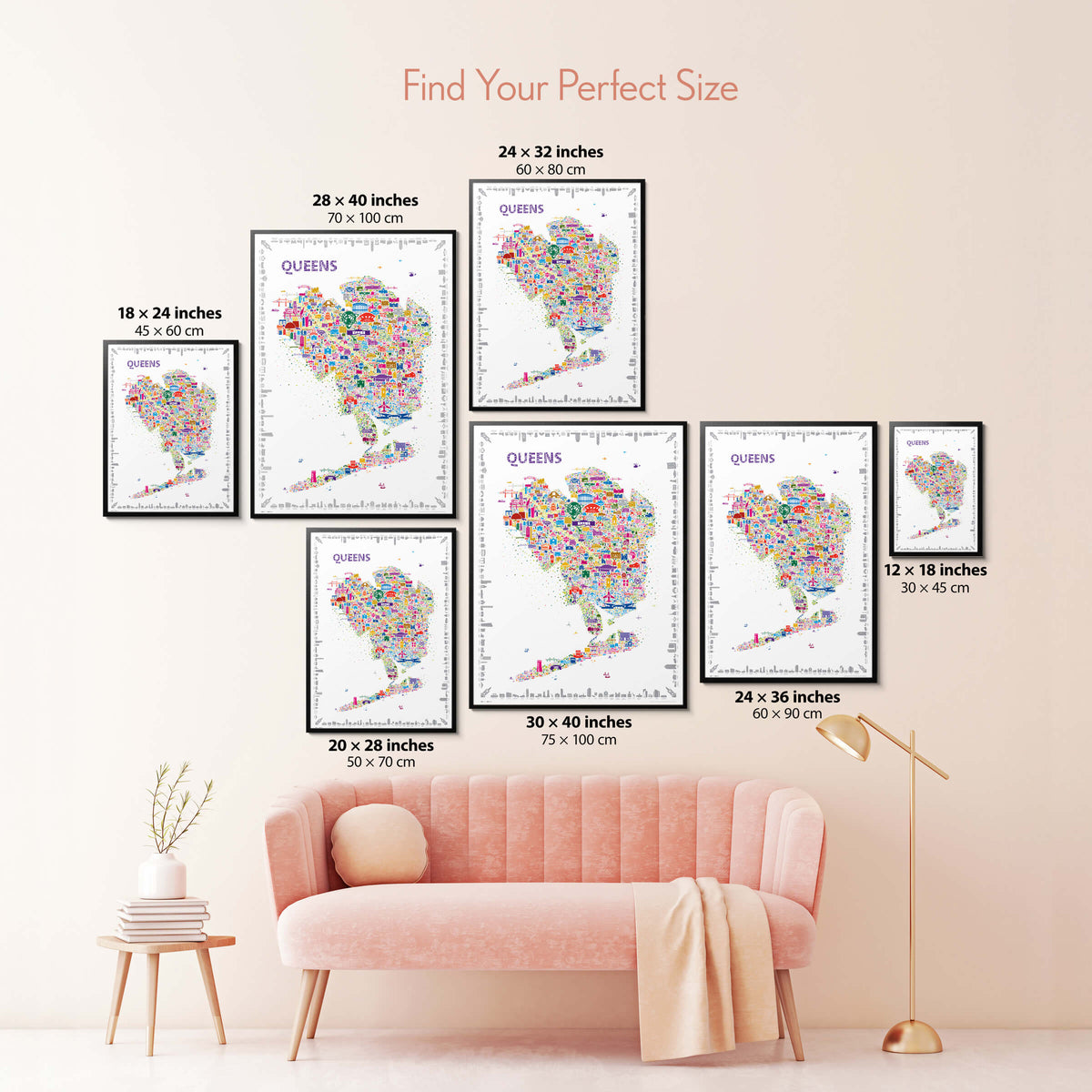 Colorful Queens New York illustrated map poster size guide showing seven framed print sizes from 12 x 18 to 30 x 40 inches above a blush pink sofa.
