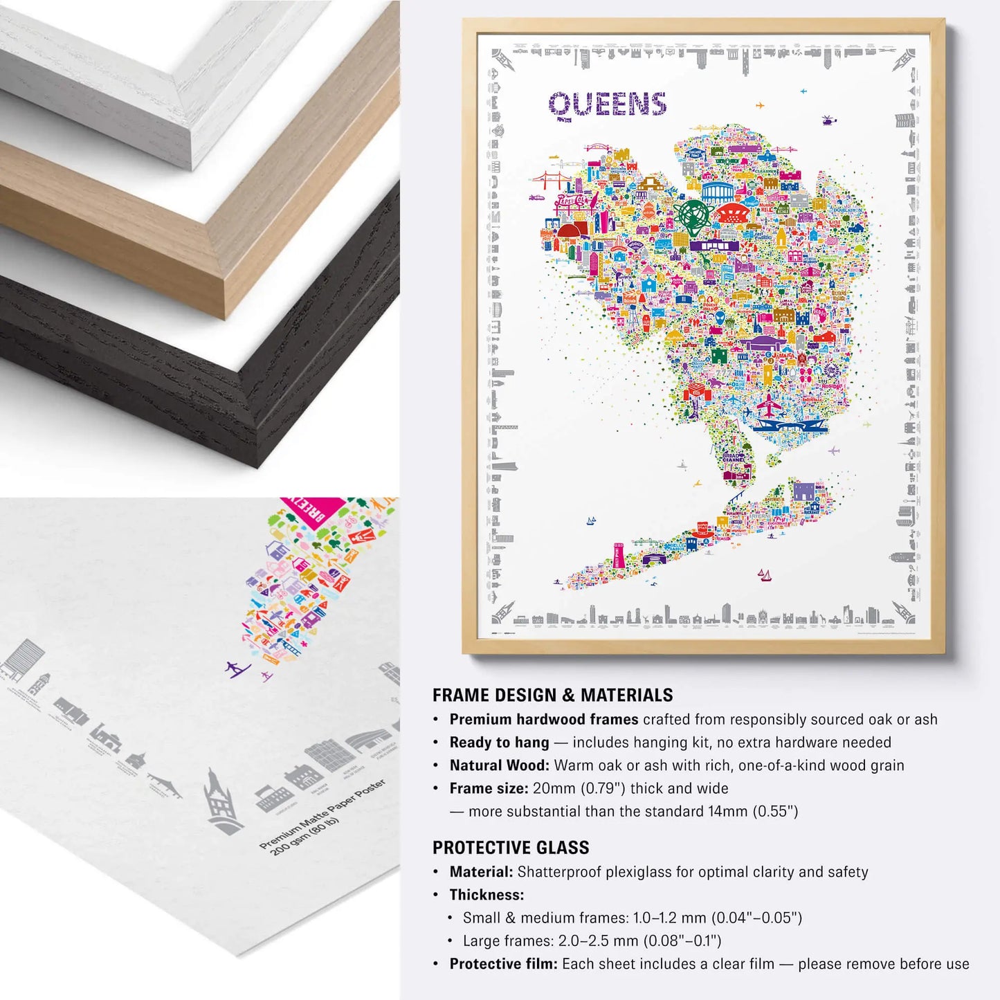 Colorful map of Queens framed with wooden border on white background