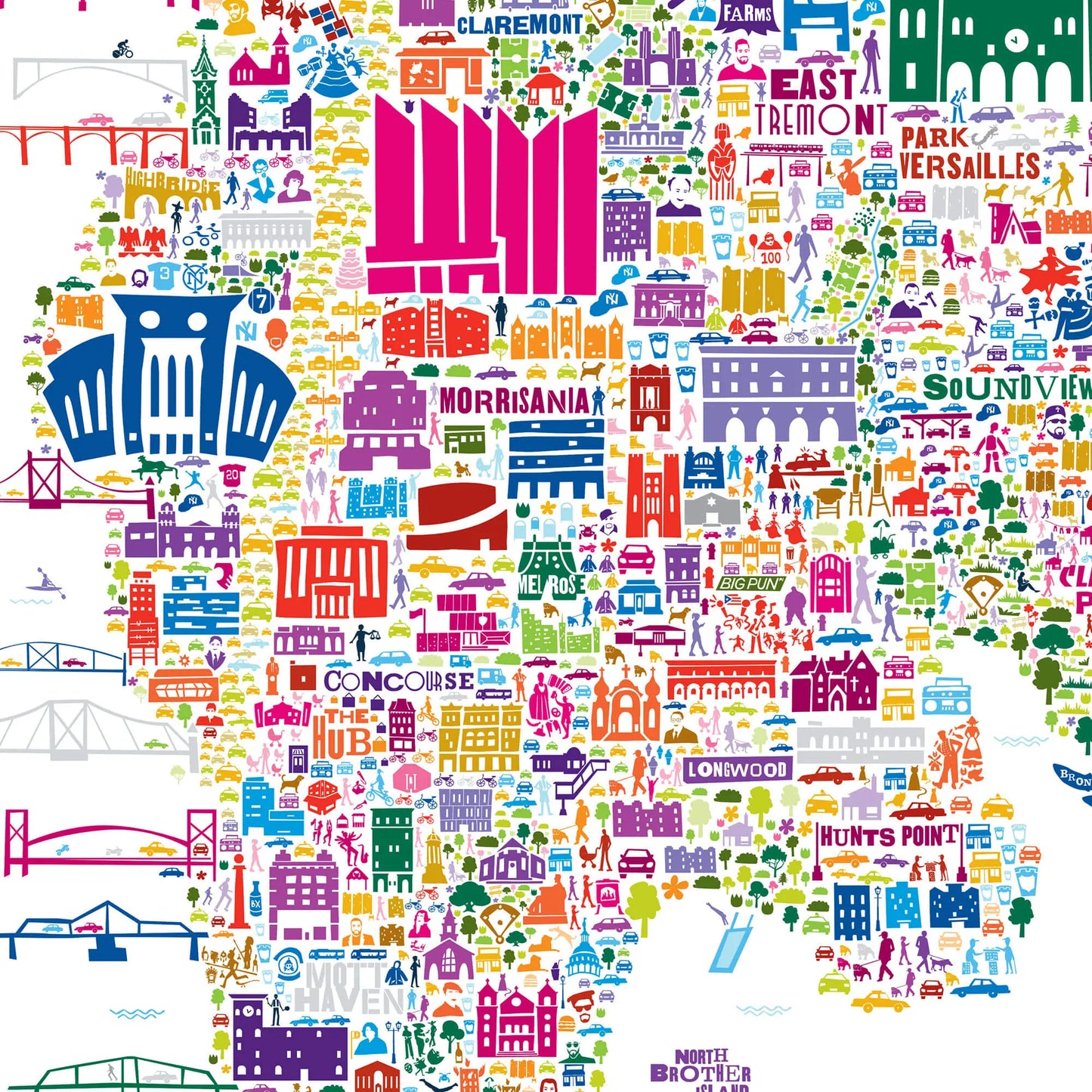 Colorful map of New York City with various icons and text labels on a white background