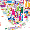 Colorful map of Florida with various landmarks and attractions