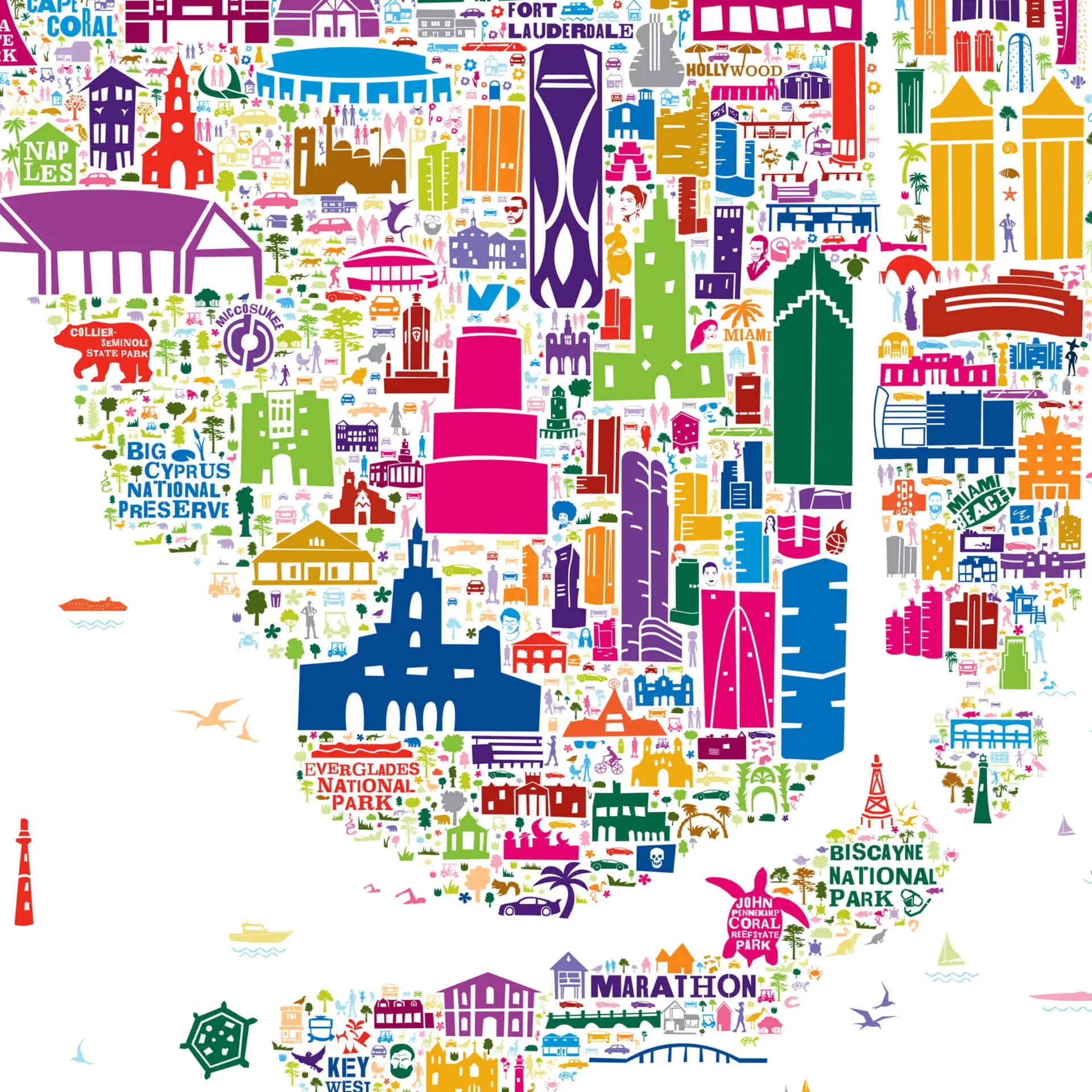 Colorful map of Florida with various landmarks and attractions