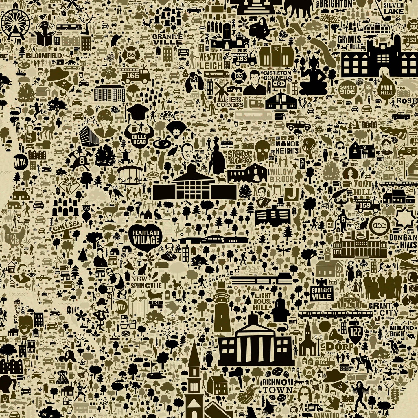 Close-up detail of the Iconic Staten Island Antique Edition showing hundreds of hand-drawn illustrations, neighborhoods, landmarks, architecture and local icons across Staten Island.