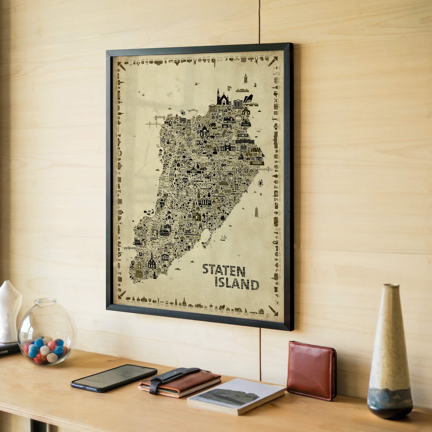 Framed Iconic Staten Island Antique Edition displayed in a modern office workspace, combining vintage cartography with contemporary designer décor.