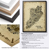 Comparison image showing the Iconic Staten Island Antique Edition framed poster with Natural Oak, Black Ash and White Ash frame options, premium matte paper, hardwood frame construction, shatterproof plexiglass and ready-to-hang hardware for vintage New York wall art.